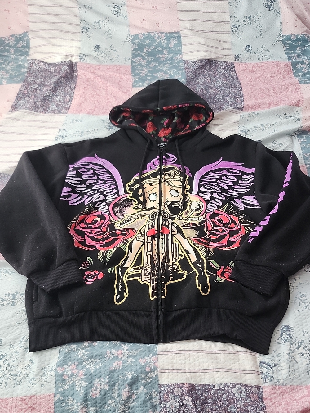 Betty Boop Black Graphic Zip-Up Hoodie with Purple & Red Accents
